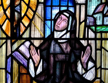 stained glass window showing Julian of Norwich, Norwich Cathedral.