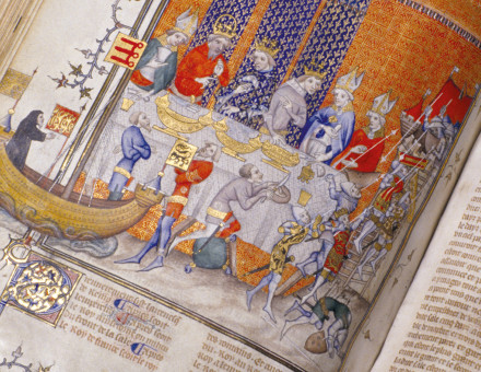 Charles V of France and Emperor Charles IV feast while  the Siege of Jerusalem  is re-enacted, from the Grandes Chroniques  de France, c.1380.