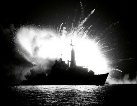A bomb explodes on board the HMS Antelope, killing an engineer trying to defuse it, 24 May 1982.