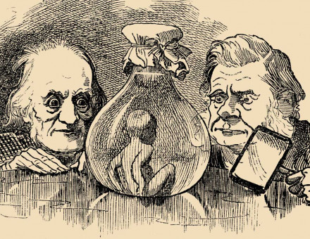 Richard Owen and Thomas Henry Huxley Inspecting a Water-Baby. Illustration by Linley Sambourne, from The Water-Babies, 1885. 