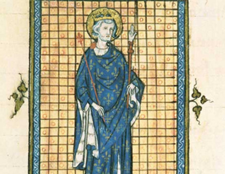  Louis IX carrying the Sceptre and the Hand of Justice, from Registre des Ordonnances de L’Hotel du Roi, c.1320.