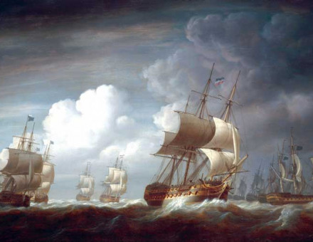 A Fleet of East Indiamen at Sea, by Nicholas Pocock, 1803. These large ships were armed and often sailed in convoy in eastern seas without warship escort.