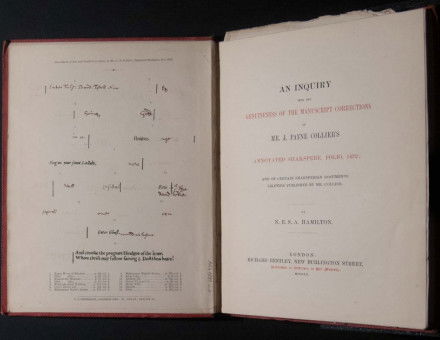 N.E.S.A. Hamilton. "An inquiry into the genuineness of the manuscript corrections in Mr. J. Payne Collier’s annotated Shakspere, folio, 1632: and of certain Shaksperian documents likewise published by Mr. Collier." Special Collections, University of Delaware Library. 