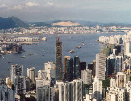 The BOCHK Bank of China Building under construction viewed from the Peak