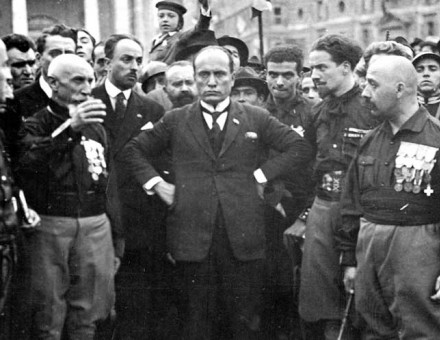 Benito Mussolini, during the march on Rome, with some of the quadruplets: from left Emilio De Bono, Italo Balbo and Cesare Maria De Vecchi.