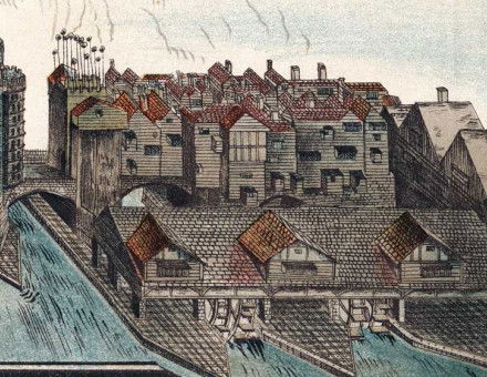 The waterworks built beneath old London Bridge by Peter Morice in 1581 to supply water to the City, c.1600.