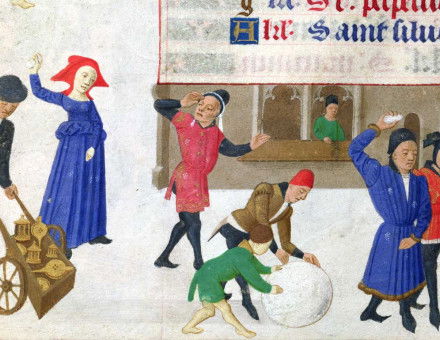 Snowball fights from the Hours  of the Duchess of Burgundy, c.1450.