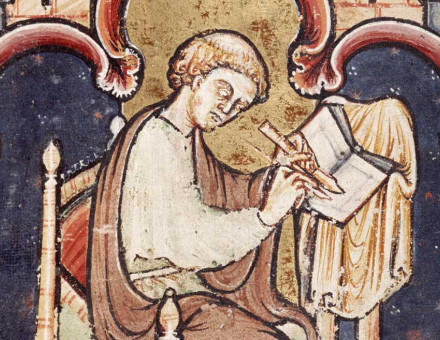a scribe (probably Bede) writing, from Life and Miracles of Saint Cuthbert by Bede, 12th century.