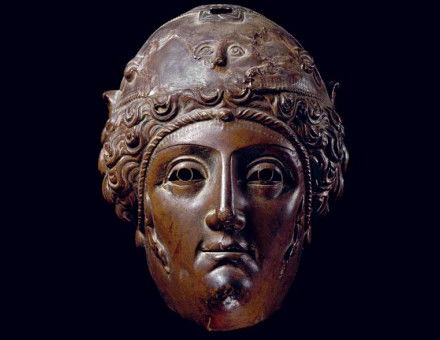 Bronze parade mask perhaps worn by male soldiers representing the Amazons. Nola, Italy,  second century.