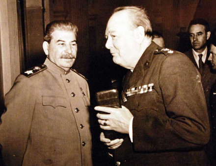 Yalta Conference (Crimea), February 4 to 11, 1945. Onboard warship during the Crimean Conferences at Yalta, Russia. Prime Minister Winston S. Churchill with Marshall Joseph Stalin. U.S. Navy Photograph, now in the collections of the National Archives. (2016/03/22).