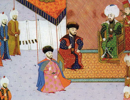 Khan Mengli I Giray with his son, the future Khan Mehmed I Giray, at the reception of Sultan Bayezid II, Turkish miniature, c.1484.