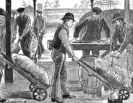 Dockers unloading sugar in the West India Docks at the end of the dock labourers' strike, 16th September, 1889