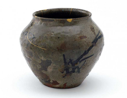 A mizusashi jar created during the Azuchi-Momoyama period in the Saga Prefecture, Kyushu, Japan, 16-17th century.