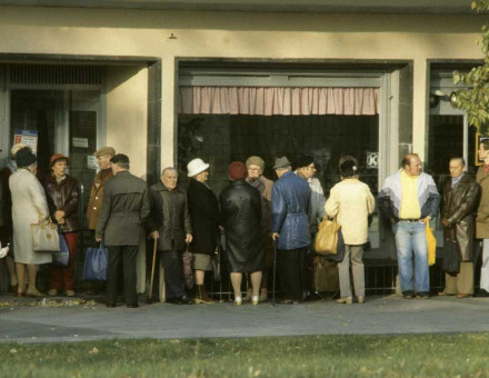 Queuing in front of a cooperative in Leipzig, 1970s.
