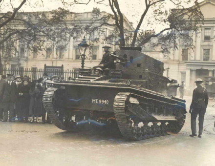 A military show of force during the unrest in the form of a tank and troops from Wellington Barracks. Press Photo.