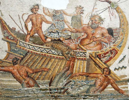 Panther-Dionysus scatters the pirates, who are changed to dolphins