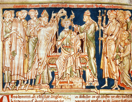 The coronation of Edward the Confessor, from Flores Historiarum by Matthew Paris, 13th century. 