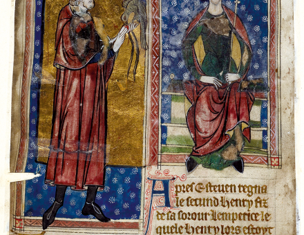 Stephen (left) and Henry II, from Les Roys de Engeltere, Anglo-Norman manuscript, late 13th century.