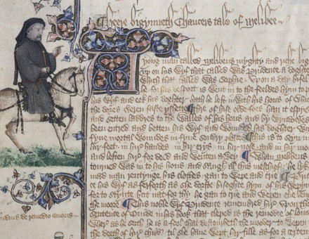 Folio 153v of the Ellesmere Manuscript, illuminated manuscript of Geoffrey Chaucer's Canterbury Tales, 1410. Wikimedia Commons