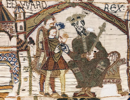 Edward the Confessor, enthroned, in the opening scene of the Bayeux Tapestry. Wikimedia Commons