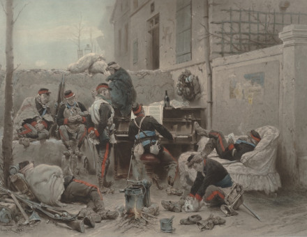 Photogravure plate after painting by Neuville, 1882; group of 8 French soldiers relaxing in building yard during the Franco-Prussian War, one playing piano.