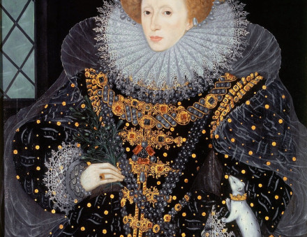 Painting of Elizabeth I of England, also known as the Ermine Portrait. Elizabeth is wearing a richly decorated black dress and The Three Brothers jewel.