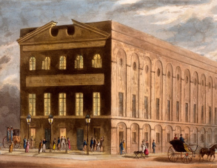 A colour illustration of the Old Vic theatre in 1837, then known as the Coburg.