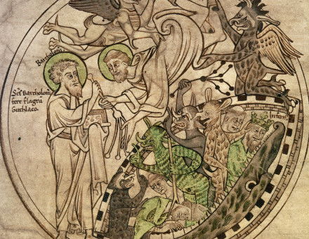 Saint Guthlac being tormented by demons, the Life of Saint Guthlac, Crowland, Lincolnshire, 1175-1215.