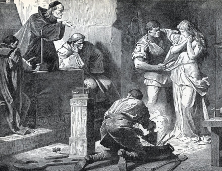 An illustration of a woman humiliated by the medieval inquisition.