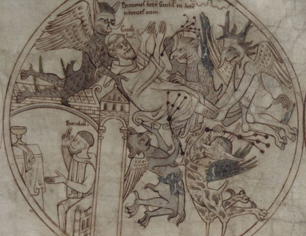 Saint Guthlac being tormented by demons, the Life of Saint Guthlac, Crowland, Lincolnshire, 1175-1215. Guthlac’s name represented a shift away from older naming conventions towards a recognisably English one. British Library. Public Domain.