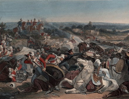 A hand-coloured engracing J.B. Allen of British infantry at the Battle of Miani, c. 1847.