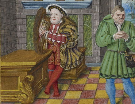 Somer’s day: page from the Psalter of Henry VIII showing Henry with William Somer, by Jean Maillart (or Mallard), c.1540. Bridgeman Images.