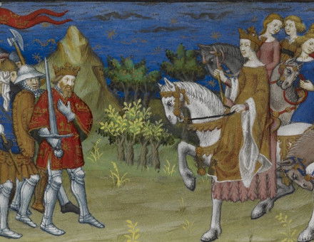 Detail of a miniature of the meeting between Alexander and the Amazons. Image taken from f. 47v of Historia de proelis in a French translation (Le Livre et le vraye hystoire du bon roy Alixandre), c. 1420. British Library. Public Domain.