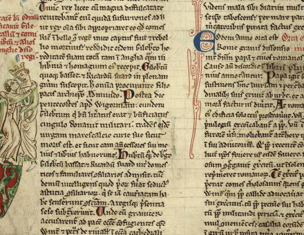 Impact: Saint Edmund of Abingdon bringing about the reconciliation of Gilbert Marshal  and Henry III,  from Matthew  Paris’ Historia Anglorum, 1250s. © British Library Board/Bridgeman Images.
