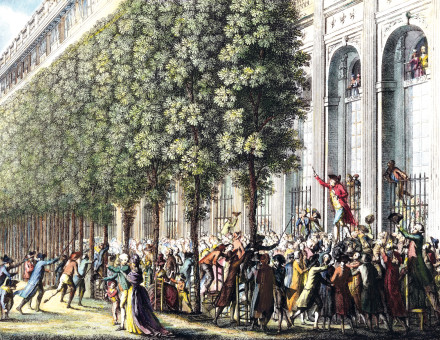 Throwing shade: Camille Desmoulins speaks at the Palais-Royal on 12 July 1789, two days before the taking  of the Bastille, by Jean-Louis Prieur, c.1790. Alamy Stock Photo.