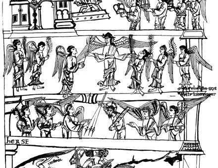 Angels are cast into the mouth of Hell, 20th-century illustration of the Cædmon Manuscript, 10th century. Lebrecht Authors/Bridgeman Images.