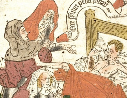 A dying man in his bed from a 15th century manuscript. Universitätsbibliothek Heidelberg. Public Domain.