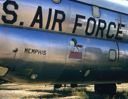 Snoopy’s Flying Ace adorns the fuselage of a U. S. Air Force Boeing C-97 Stratofreighter, c. 1970s. SDASM Archives. Public Domain.
