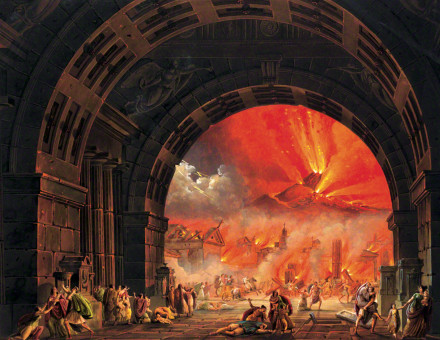 The eruption of Vesuvius depicted in Giovanni Pacini’s opera, L’ultimo giorno di Pompei, 1827. The Getty Research Institute, via Wikipedia.