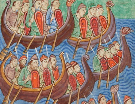 Sea-faring Norseman, illuminated illustration from the Miscellany on the Life of St. Edmund, c.1130. 