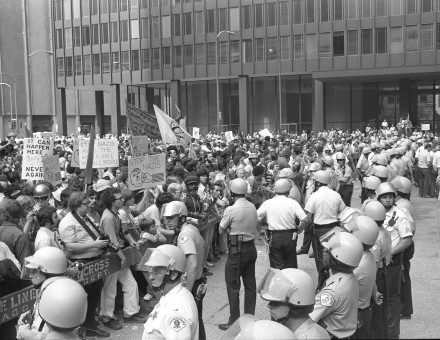 Counter-demonstrators at a neo-Nazi ralley in Chicago from the Los Angeles Times Photographic Collection, c. 1978. The Regents of the University of California (CC BY 4.0).
