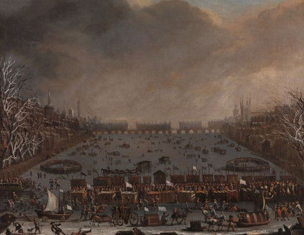 Frost Fair on the Thames, with Old London Bridge in the distance, unknown artist, c. 1684. Yale Center for British Art, Paul Mellon Collection. Public Domain.