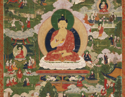 The Buddha seated cross legged on a lotus throne, surrounded by scenes from his life. Tibet, 18th century. Photograph © 2023 Museum of Fine Arts, Boston. All rights reserved. / Denman Waldo Ross Collection / Bridgeman Images.