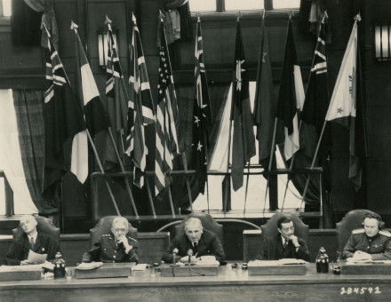 International Military Tribunal for the Far East judges on the bench, 3 March 1947. UVA LAW Special Collections (CC BY 4.0).