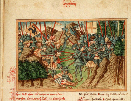 Ottoman Sultan Murad I and Prince Lazar of Serbia face one another at the Battle of Kosovo, manuscript from 1460. Koninklijke Bibliotheek. Public Domain.