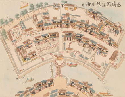 A plan of the Dutch trading post on the artificial island of Dejima, connected to Nagasaki by a bridge, c. 1824-1825. Rijiksmuseum. Public Domain.