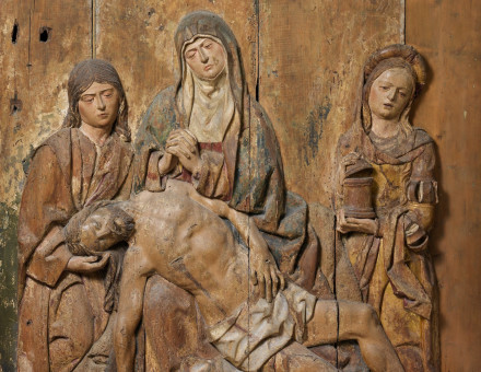 Pietà (Lamentation), St. John and Mary Magdalene mourn with the Virgin Mary over the crucified Jesus Christ. French, c. 16th century. Metropolitan Museum of Art. Public Domain.
