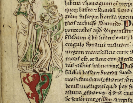 Saint Edmund of Abingdon bringing about the reconciliation of Gilbert Marshal and Henry III, from Matthew Paris’ Historia Anglorum, 1250s. © British Library Board/Bridgeman Images.
