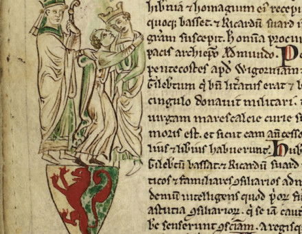 Saint Edmund of Abingdon bringing about the reconciliation of Gilbert Marshal and Henry III, from Matthew Paris’ Historia Anglorum, 1250s. © British Library Board/Bridgeman Images.