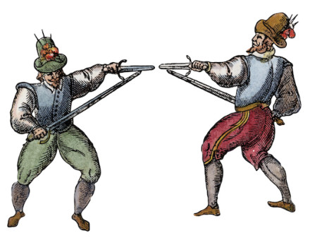 Pointy end: duelling techniques used by Elizabethan theatrical luminaries like Gabriel Spencer and Ben Jonson, illustrated in Vincentio Saviolo, his Practise, 1595. The Granger Collection/Alamy Stock Photo.